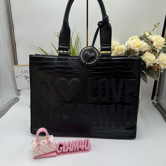 Love Moschino Handbags - Love Moschino Black Croc Embossed Tote Bag with Mirror Heart Charm